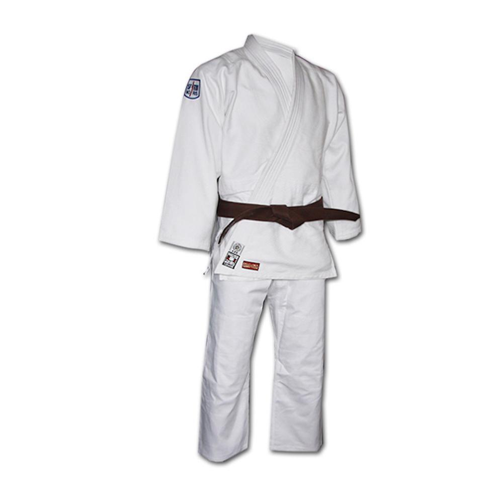 White Kimono de Judo Noris with brown belt, durable 650g rice grain cotton gi for intermediate and competition use