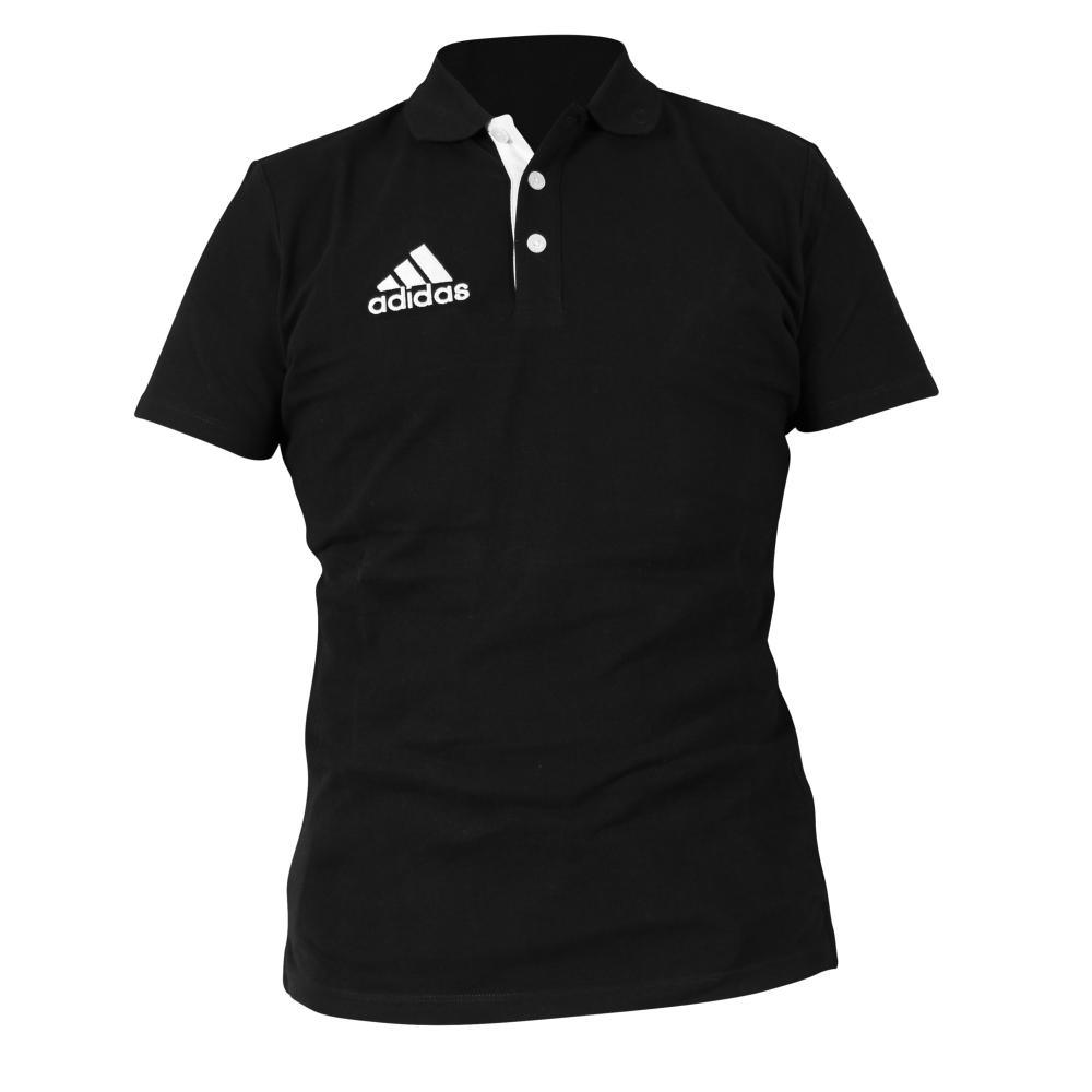 Black slim-fit Polo Country Line Adidas short sleeve cotton polo with white button placket and Adidas logo embroidery