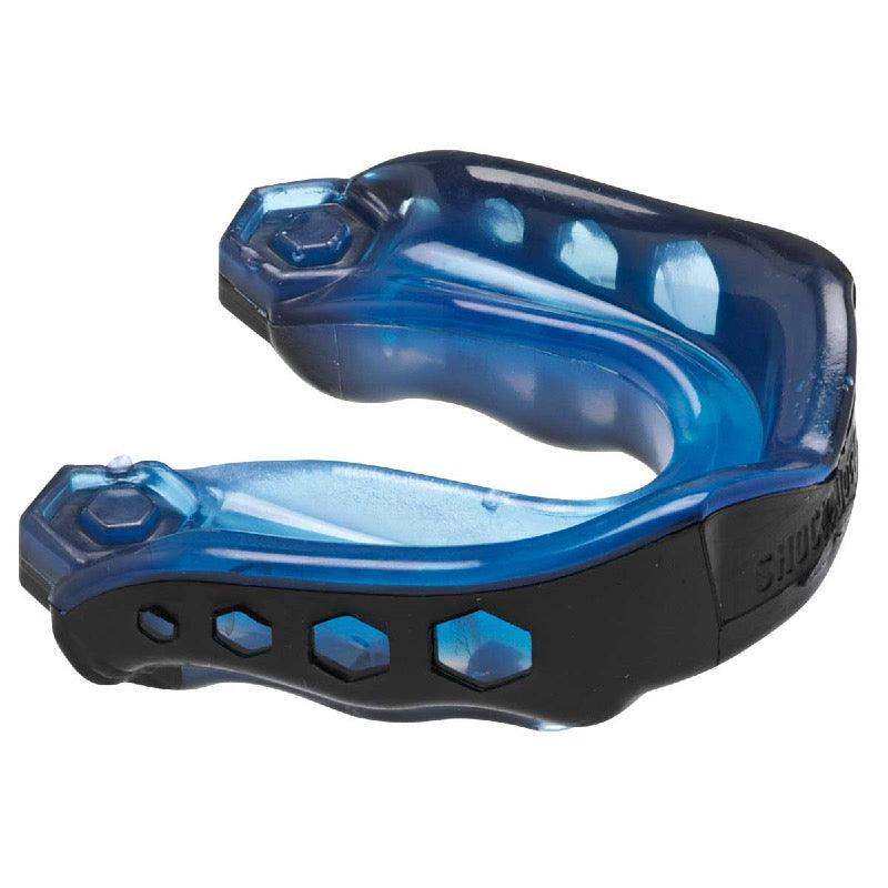 Protège-dents Gel Max Shock Doctor bleu avec gel amortissant et noyau dur pour protection sportive supérieure.