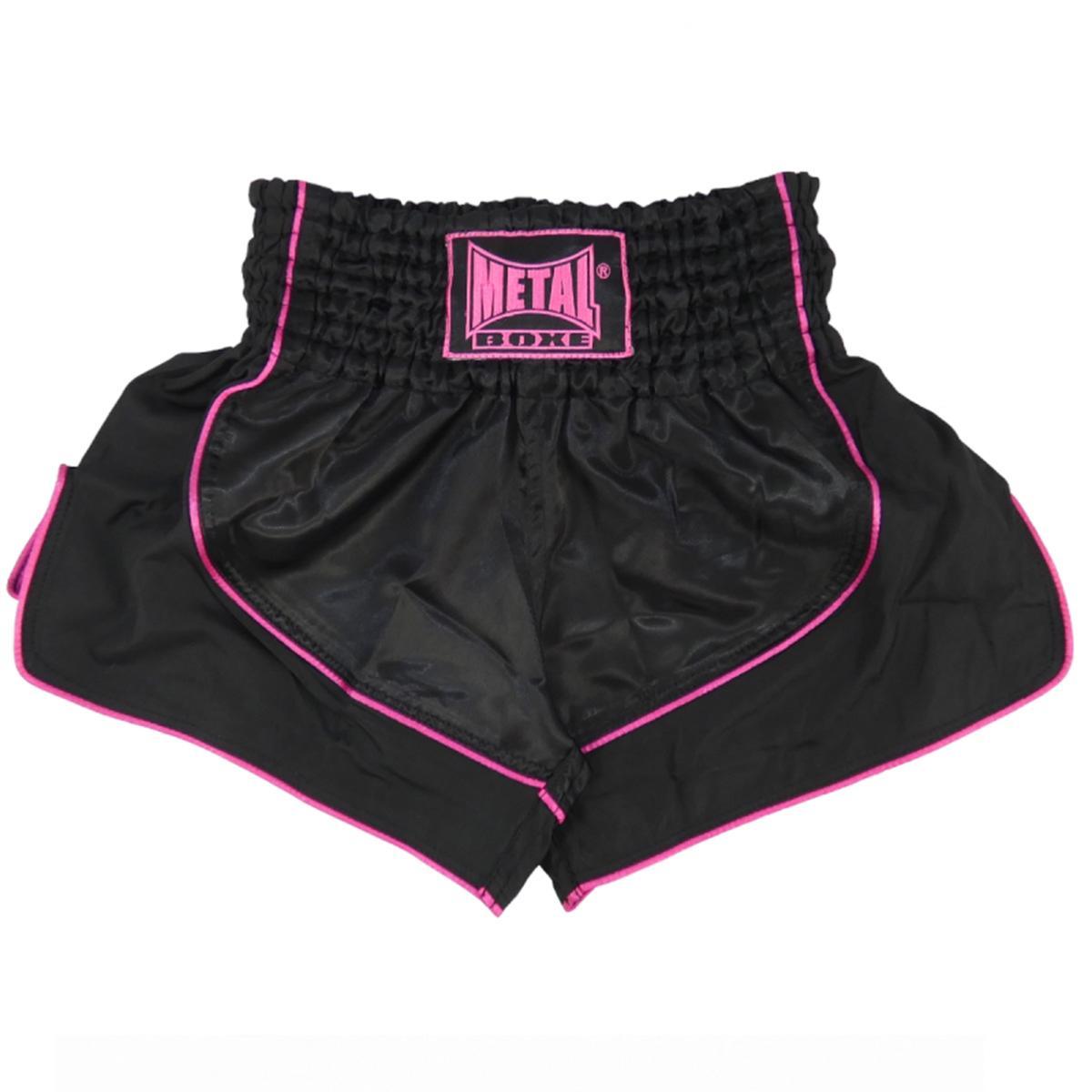 Short de boxe thaï femme Metal Boxe Siam noir et fuchsia, grande ouverture de jambe