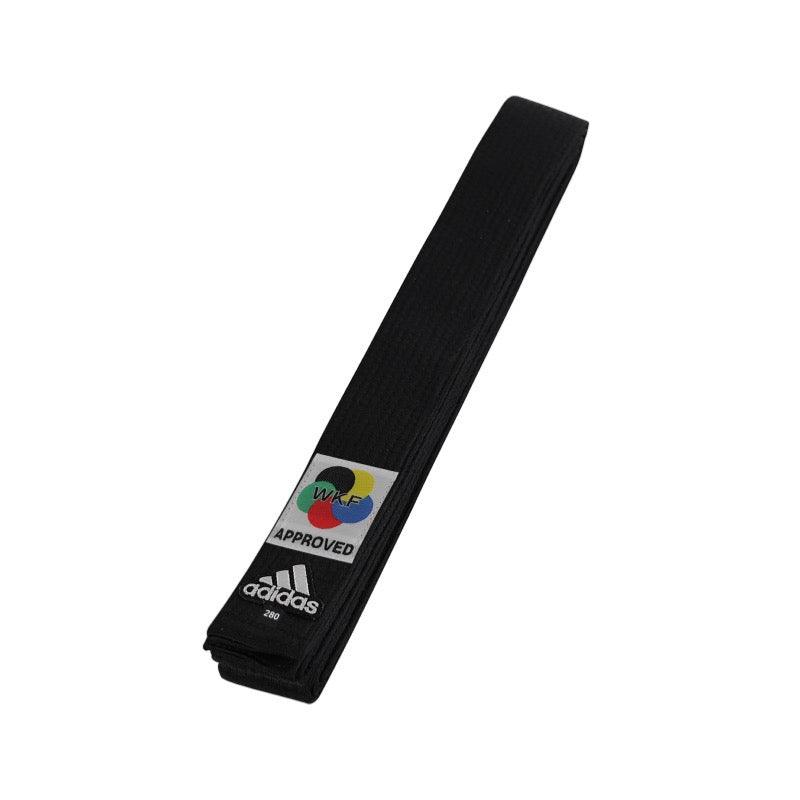 Black Adidas Elite karate belt with WKF approval patch, durable 100% cotton fabric with reinforced stitching.