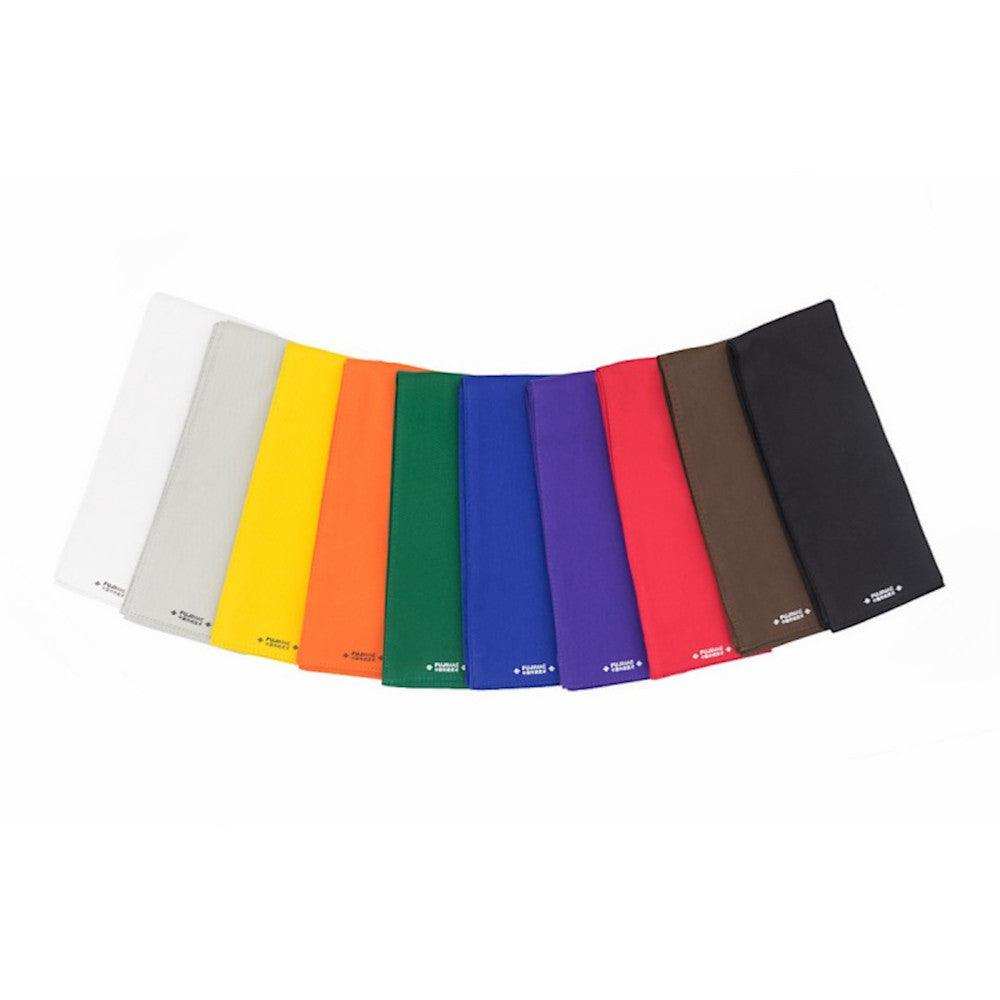 Set of FUJIMAE cotton Kung Fu belts in multiple colors including white, yellow, green, blue, purple, red, brown, and black, 280x12 cm.