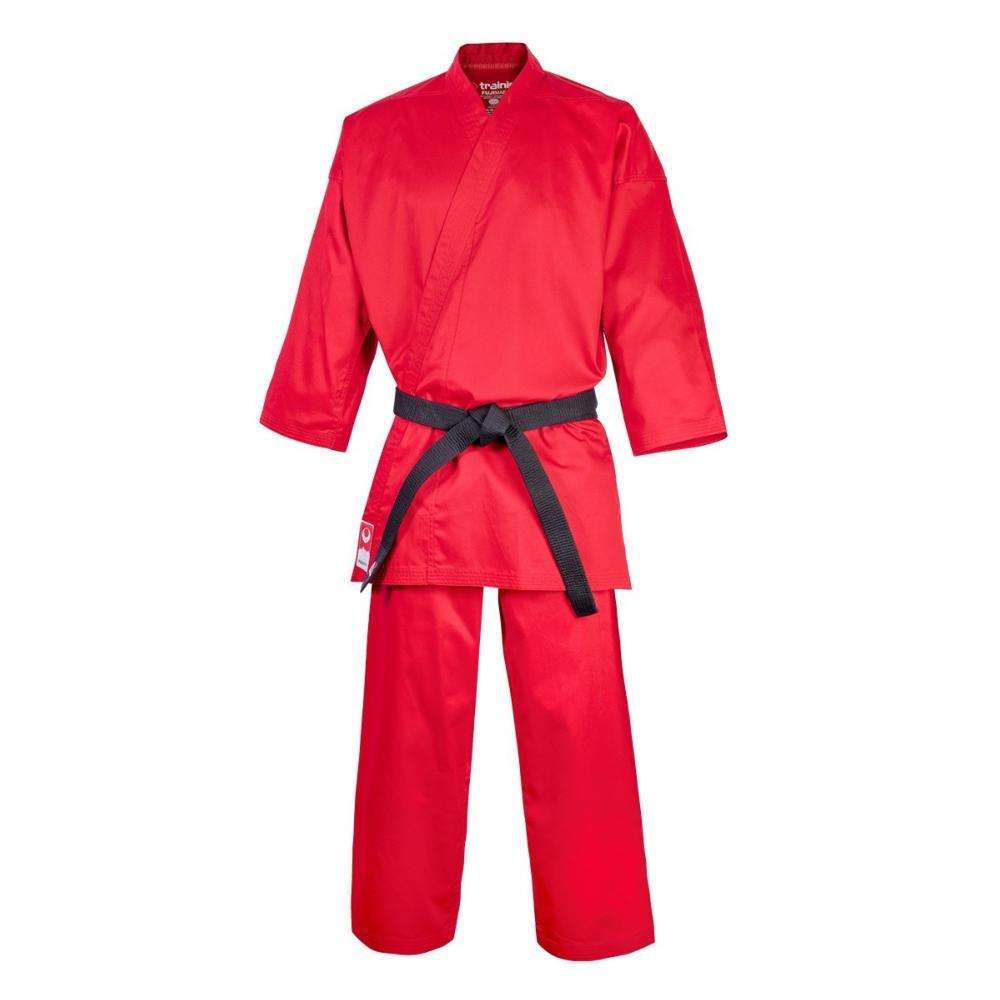 Red Kimono de Karaté FUJIMAE training suit with black belt, lightweight cotton material for comfort and flexibility