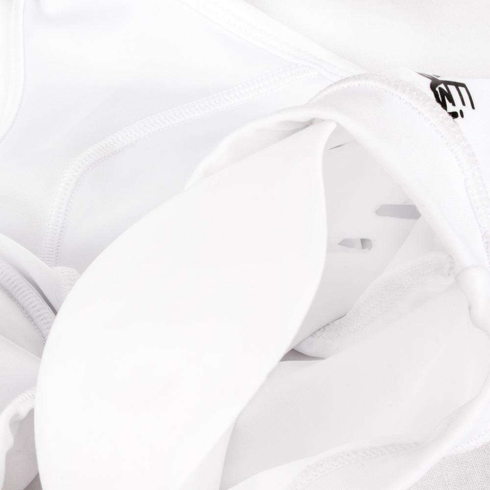 White women's sports bra with removable semi-rigid protective polyethylene cups for martial arts and combat sports by FUJIMAE